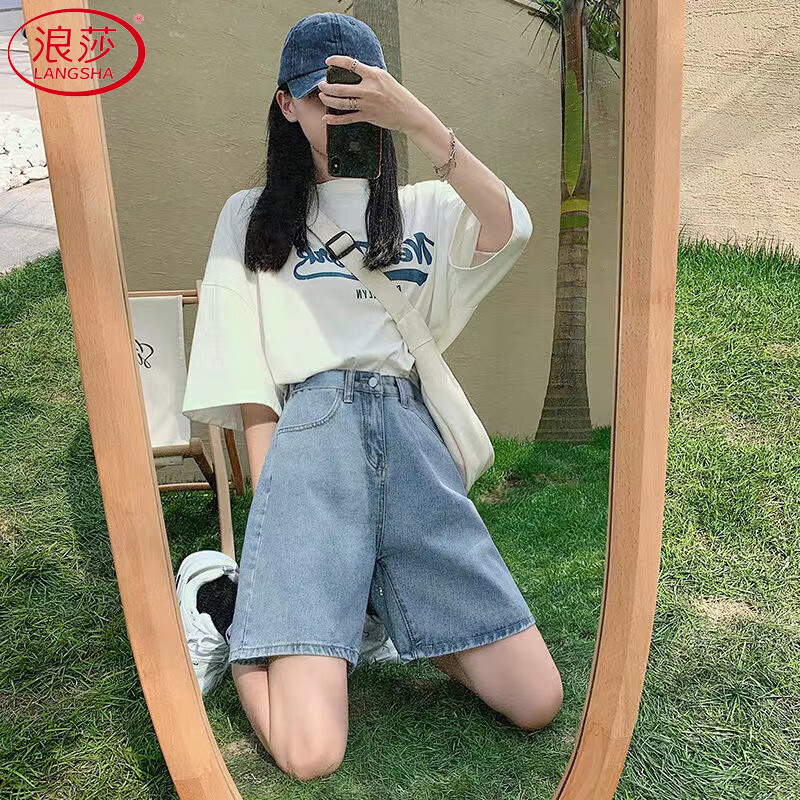 LangSha Five-Minute Denim Shorts for Women, Summer 2025 New Style, Straight-Leg Hong Kong Flavor, High-Waisted, Loose-Fitting, Slimming A-Line Wide-Leg Mid-Length Pants, Trendy
