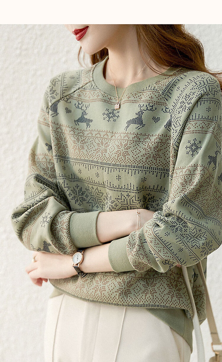 Demana [Forest Fawn] Lightweight Oxygen Cloud Cotton Ribbed Crewneck Printed Stretchy Long Sleeve Sweatshirt for Women 10