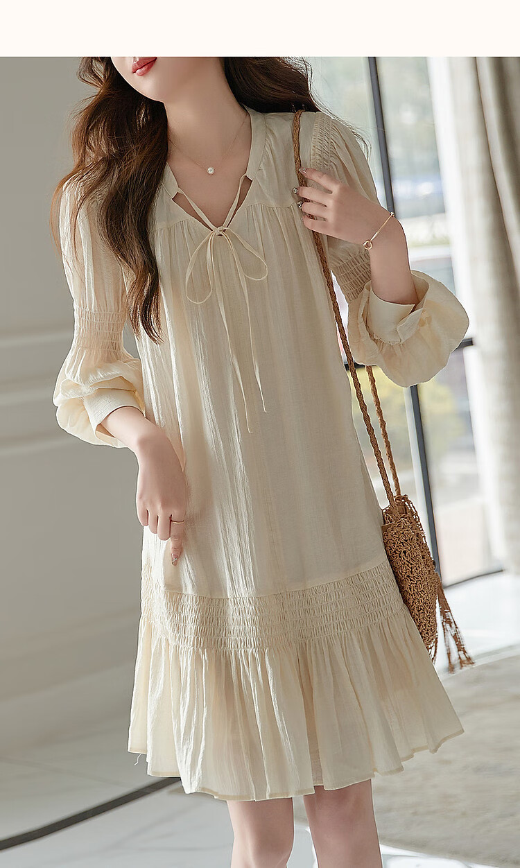 Dme [Fujia Qianjin] Spring And Autumn V-Neck Palace Sleeve Tie-Waist Adjustable Lady's Dress, Short Style 8