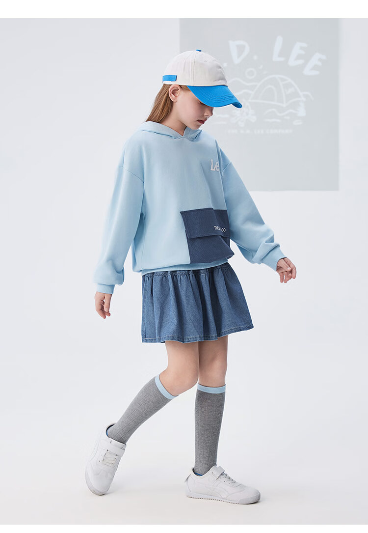 Lee Kids Children's Clothing, Color Block Faux Denim Print Retro Fashion Hoodie, Sky Blue, Size 140 9