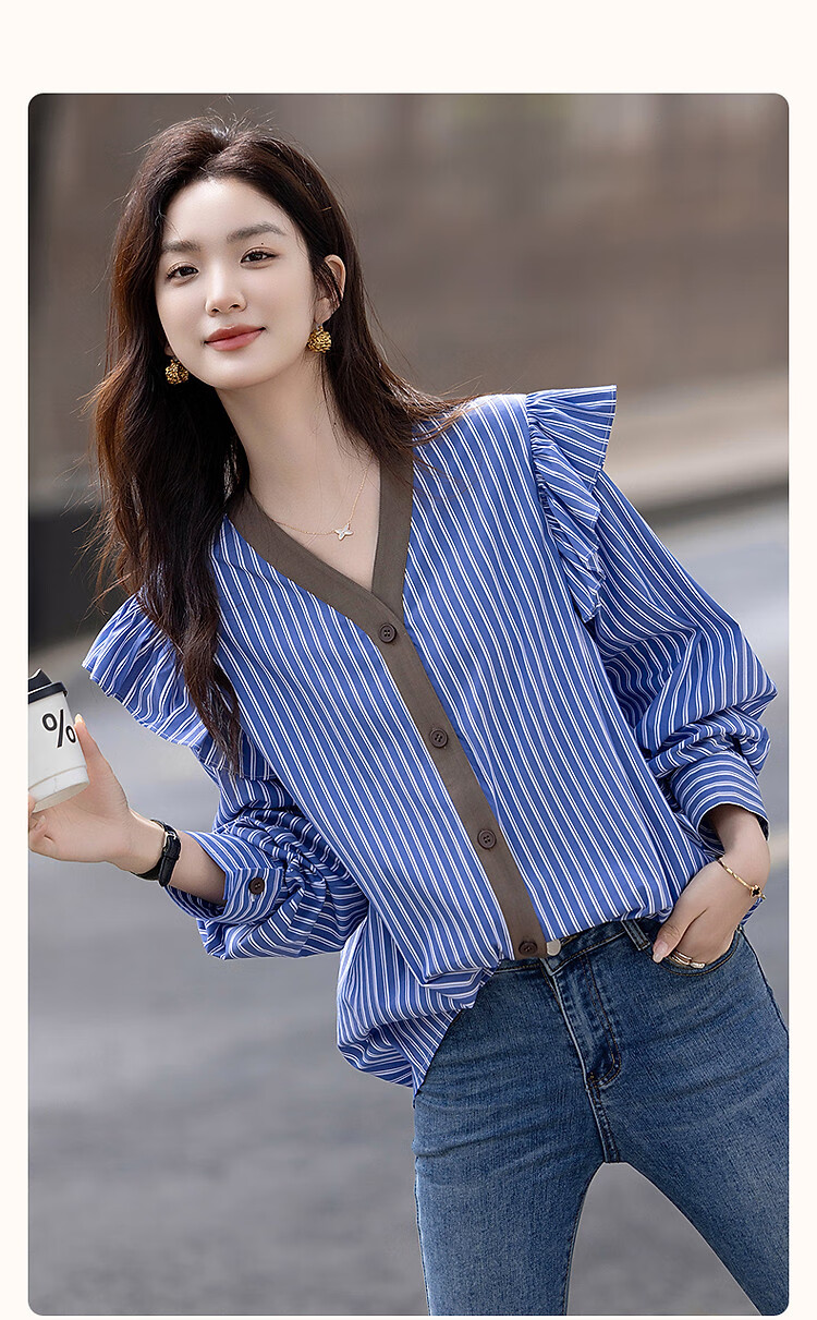 Dme [Straight to the Sky], Autumn Design V-Neck Striped Cotton Shirt, Patchwork Flutter Sleeves, Loose Blouse, Women's Top 2