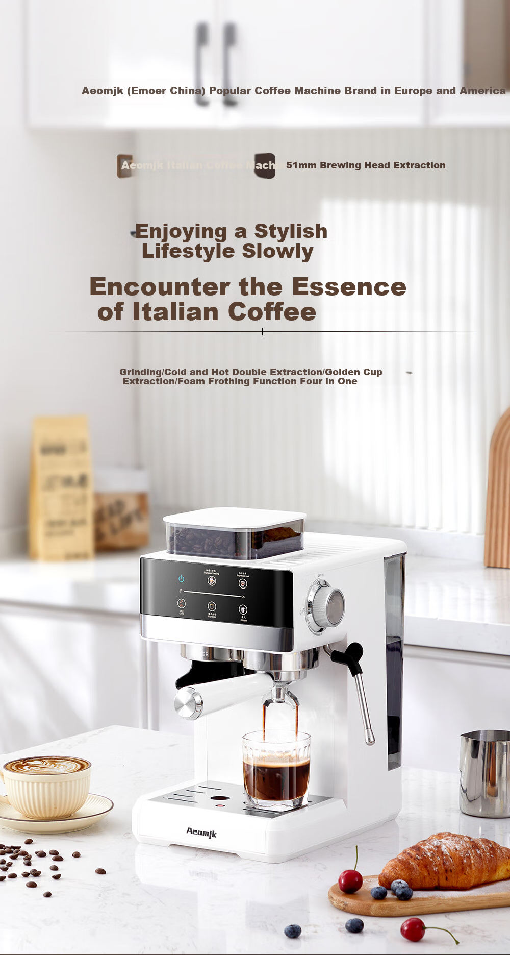 AEOMJK Aimo Ke Cold Brew Coffee Machine with Built-In Grinder, Semi-Automatic, Home Italian-Style Cold Brew, 2-Minute Milk Frother Coffee Maker CM5520 1