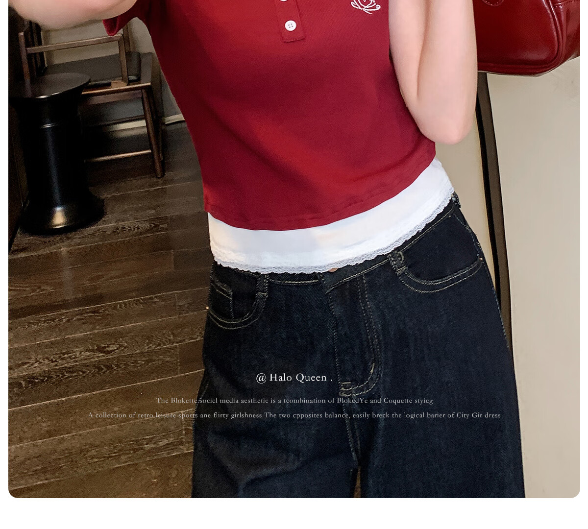 Halo Queen Women's Short-Sleeve T-Shirt, Round Neck, Red And White Contrasting Color Lace Splicing, Slim-Fit Embroidered Bow Waist-Cinching Slimming H52T076 2