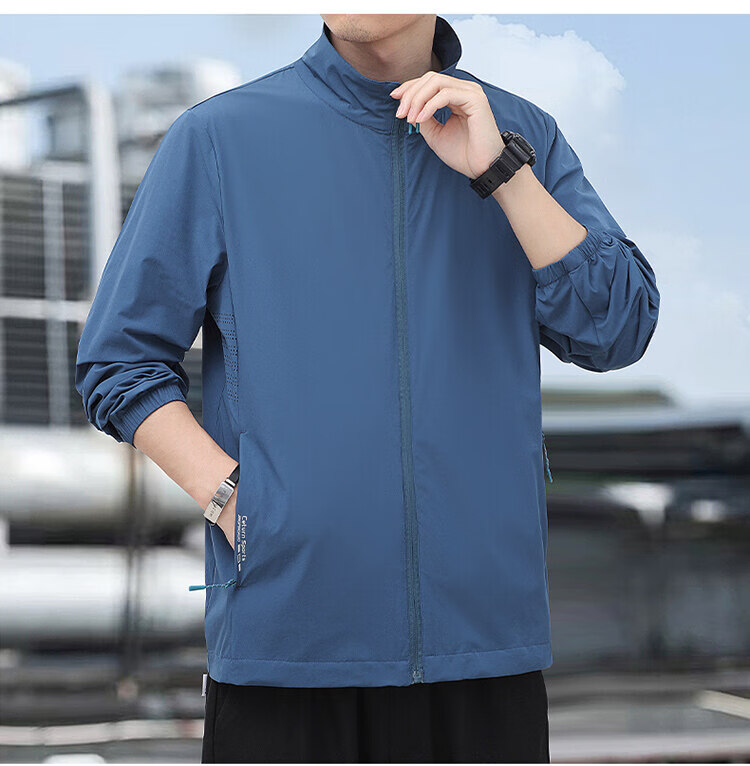ROMON Men's Summer Outdoor Casual Sun Protection Jacket Stand Collar UV Protection Skin Jacket Blue 3XL 16
