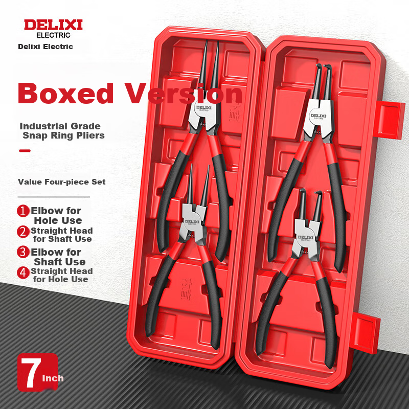 DELIXI ELECTRIC Spring Pliers Set, Internal And External Use, Four-Piece Set, Ring Pliers, Expansion Pliers, 7-Inch Spring Pliers Set