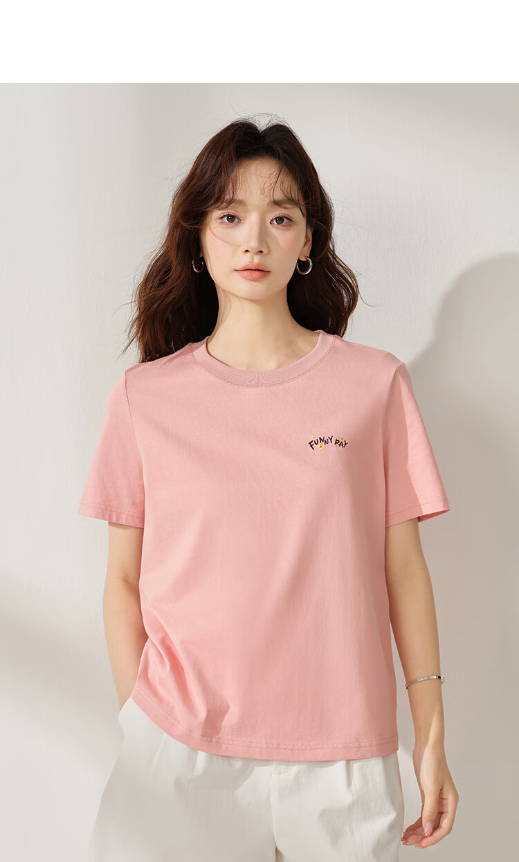 INMAN Women's 2025 Summer Embroidered Comfortable Simple Pullover Loose Fit Cotton Short Sleeve T-Shirt Sakura Pink S 38