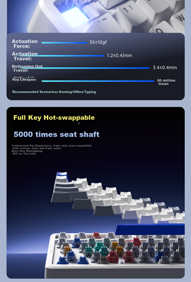 Rapoo V700DIY-98 Upgraded Version Tri-Mode Custom Wireless Mechanical Keyboard Gasket Structure 7-Layer Filled Soundproof Full-Key Hot-Swappable Keyboard White Gray Blue (Tactile White Switch) 2