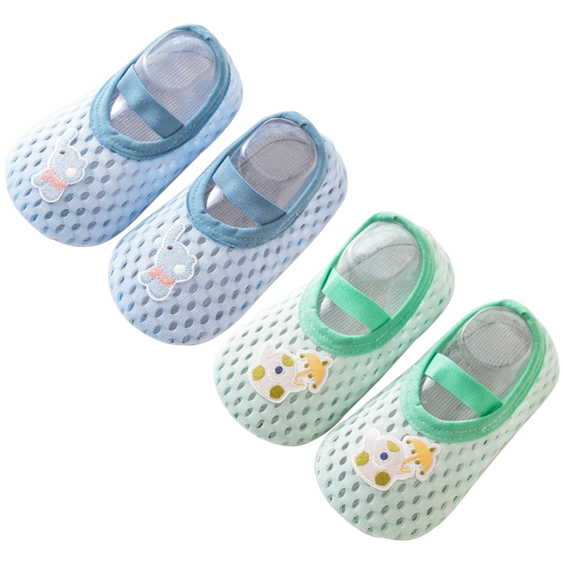 Aibaoshi Baby Floor Socks, Summer Mesh Infant Walking Shoes, Non-Slip Cooling Toddler Socks, Blue + Green, 2 Pairs, T178, Size S