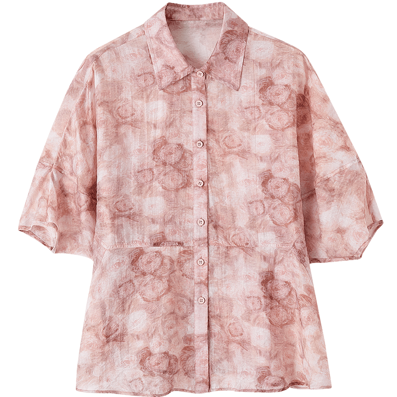 Dme [Bolimamanbo] Summer Flowing Cloud Brocade Thick-Printed Shirt, Stylish Divided Mid-Sleeve Blouse, Women's Top
