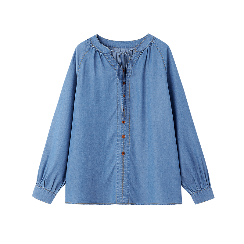 Dme [100 Lyocell] Autumn Light Breathable Tie-Up Decorative Button Shirt, Loose Denim Blouse, Women's Top