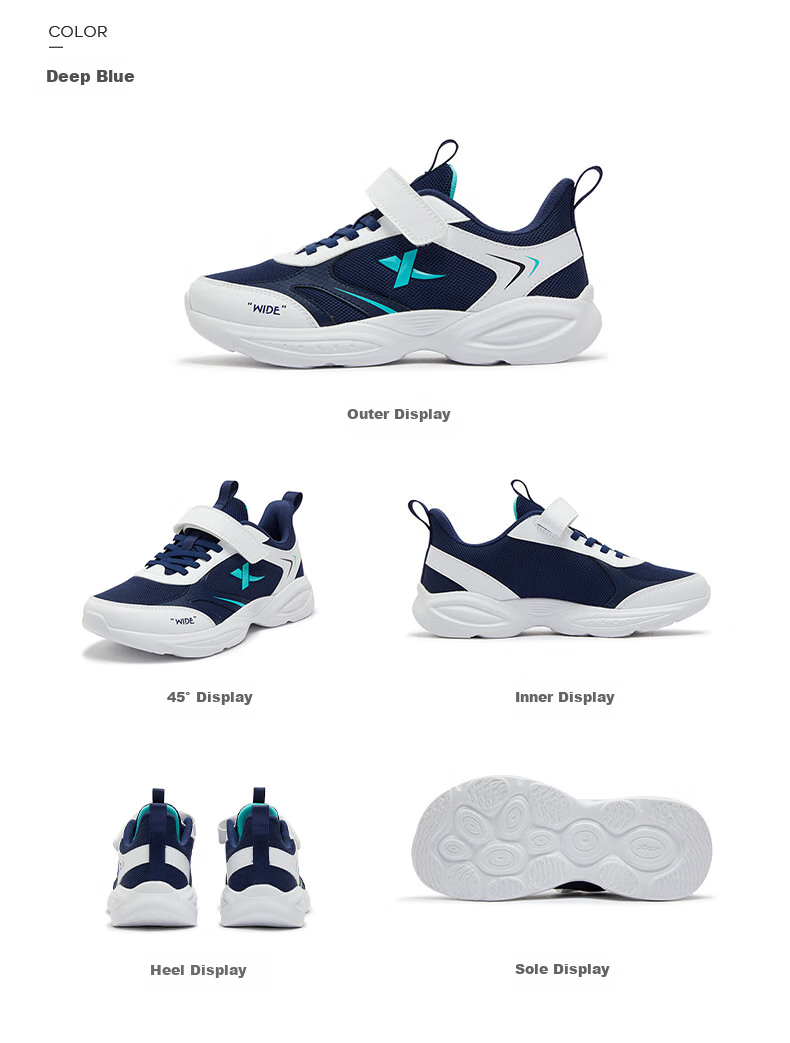 XTEP Children's Shoes, Boys' Mesh Leather Simple Versatile Velcro Strap Running Shoes, Deep Blue, Size 40 15