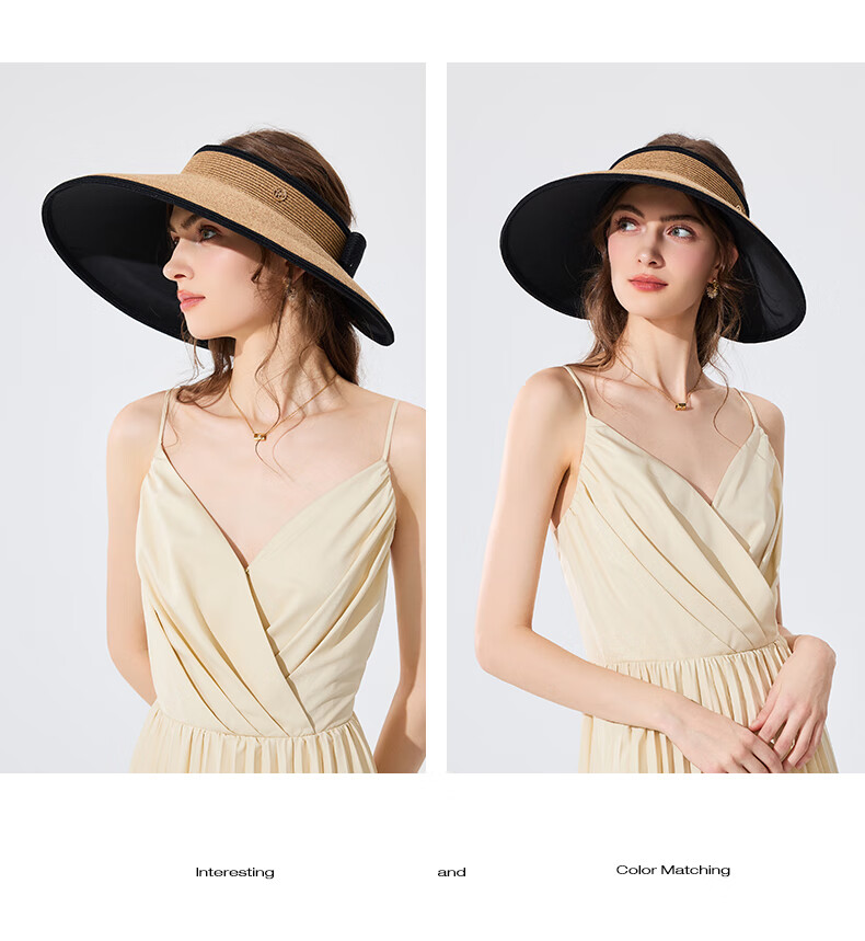 FANCET Women's Spring And Summer Japanese-Style Color-Block Hat, Black Glue Wide Brim Sun Protection Straw Hat for Travel And Vacation, Breathable Sunhat 13