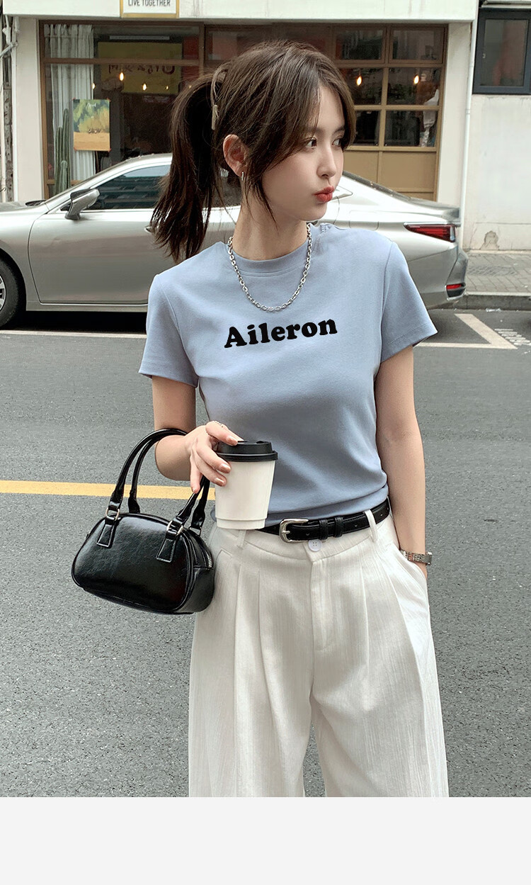 TonLion 2025 Summer Women's Round Neck Short Sleeve T-Shirt with Front Chest Lettering, Casual And Versatile 9