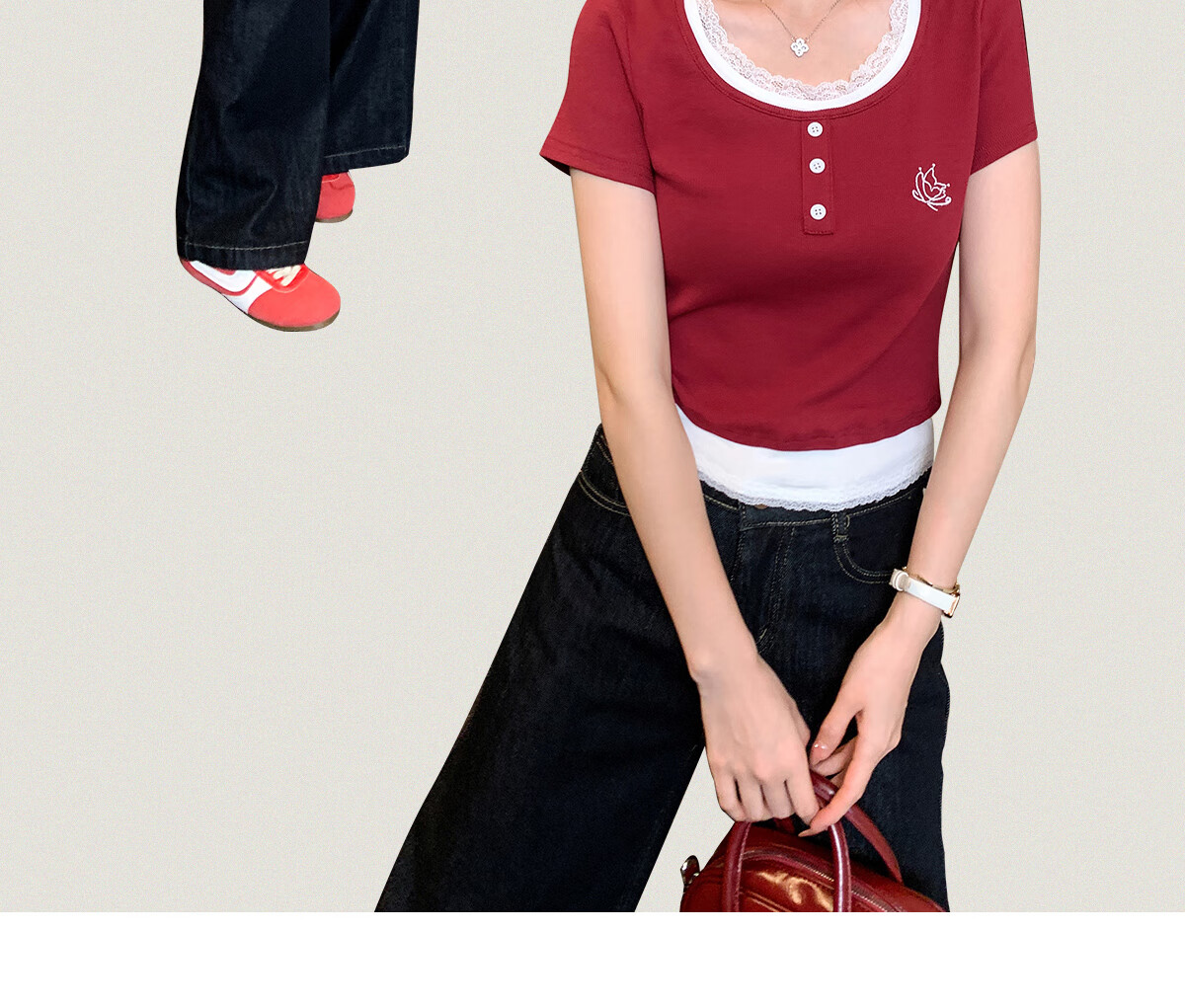 Halo Queen Women's Short-Sleeve T-Shirt, Round Neck, Red And White Contrasting Color Lace Splicing, Slim-Fit Embroidered Bow Waist-Cinching Slimming H52T076 7