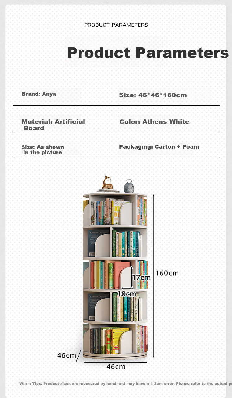 Anerya Rotating Floor Bookshelf, 360-Degree Bookcase, Picture Book Rack, Student Storage Shelf, Upgraded Version, 5-Tier, White 10