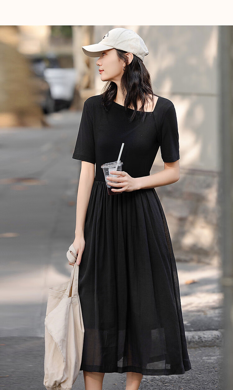 Dme [Fresh And Smart] Spring Urban Minimalist Style Irregular Design Patchwork Waist-Cinching Short-Sleeve Women's Dress 14
