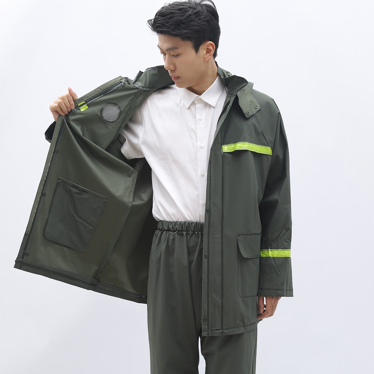 BAIGE High-Visibility Reflective Two-Piece Raincoat and Rain Pants Outdoor Adult Anti-Storm Rider Duty Flood Control Knitted Fabric Hooded Set Two-Piece Set Green 2XL CW714081 1