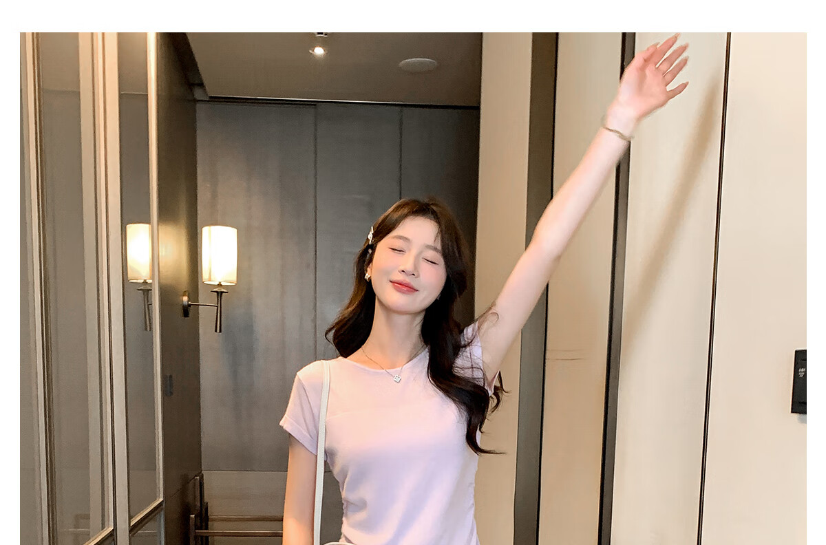 Halo Queen Women's Short Sleeve Knit T-Shirt Slim Fit Cherry Blossom Pink Fitted Waist Crop Top H52T033 18