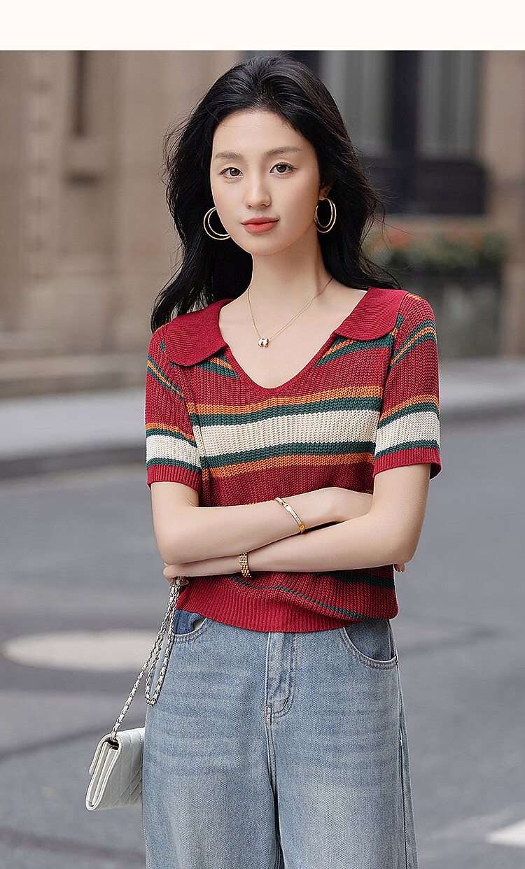 Dme [Tangguo Duoban] Summer Youthful Cool Ice Silk Contrasting Striped V-Neck Sweater Women's Top 17
