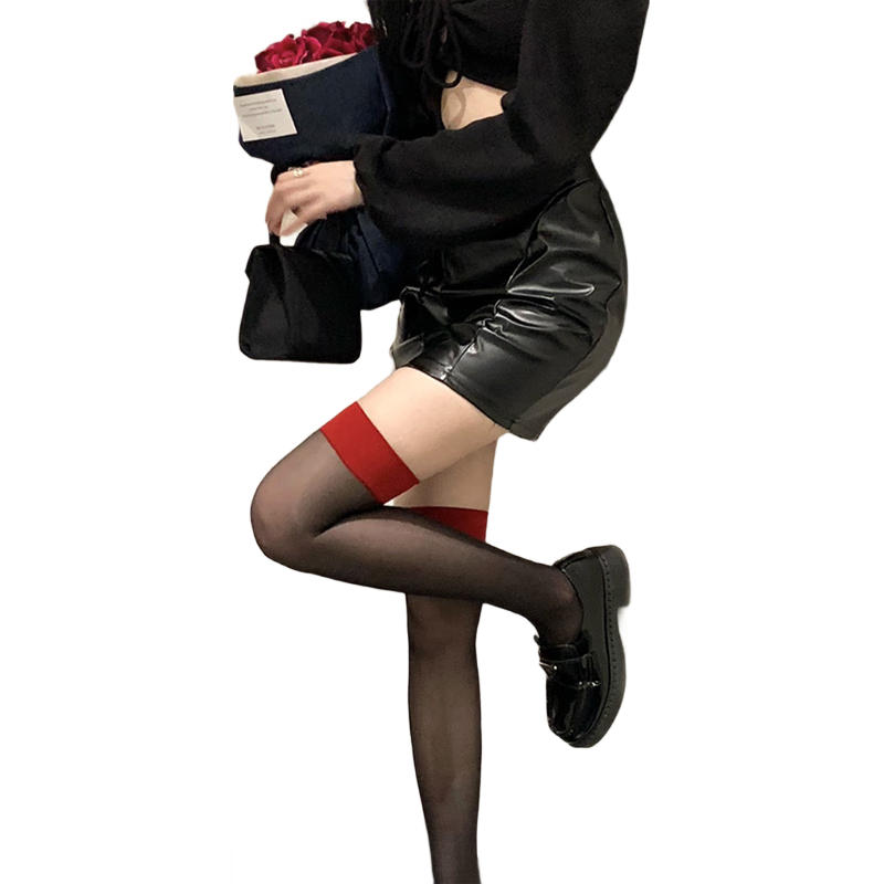 LangSha Women's Stockings, 2 Pairs, Ultra-Thin, Pure Desire, Over-Knee Thigh-High Socks, Sexy High-Leg Stockings, Red Edge Black Silk