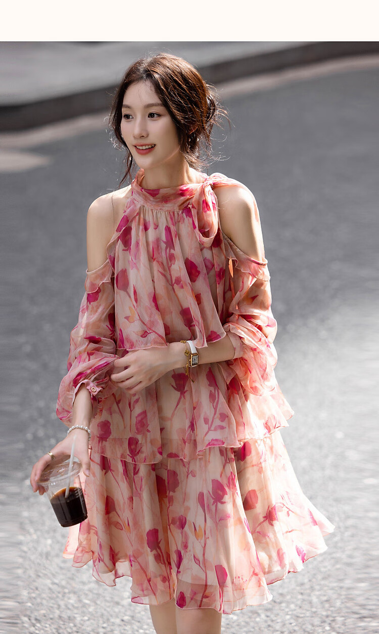 Demana [Hot Valley Eternal Summer] Spring Summer Elegant Off-Shoulder Tie Diamond Chiffon Gradient Print Dress for Women 13