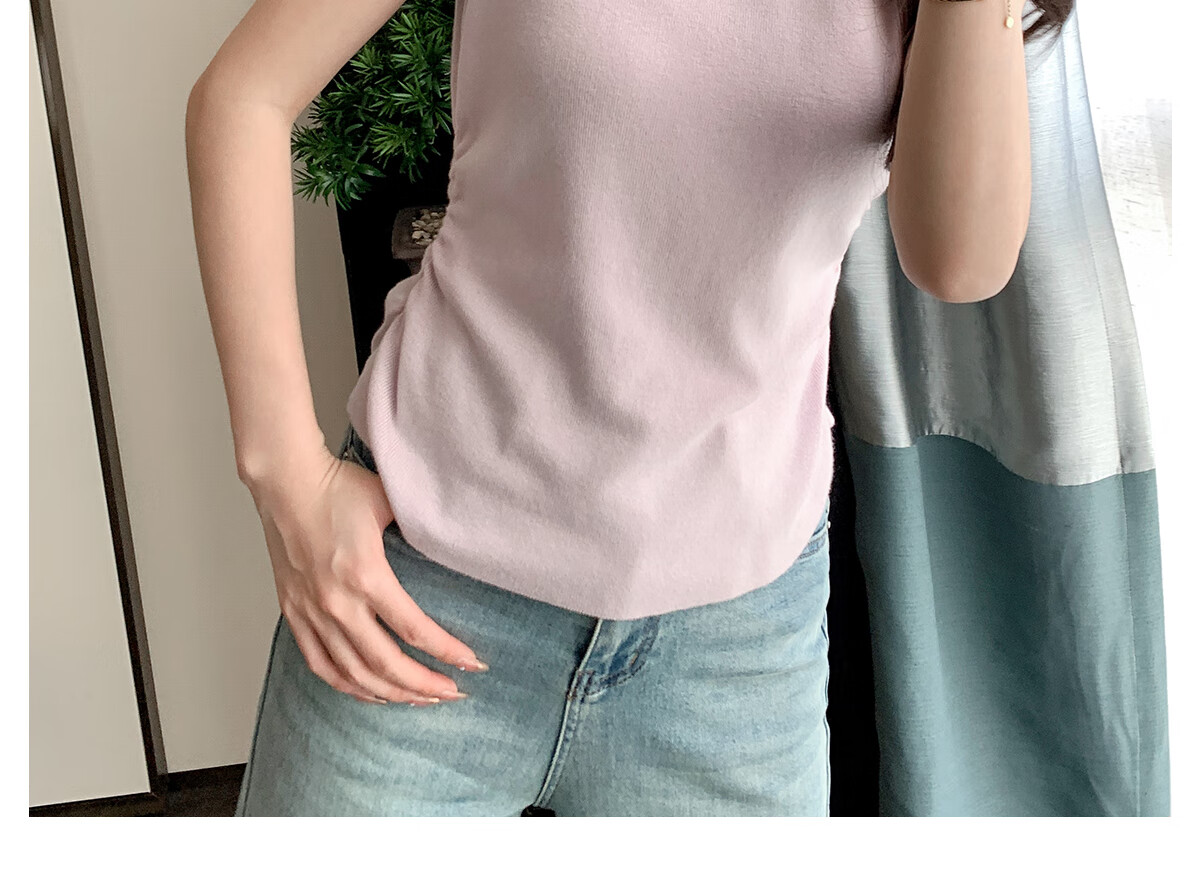 Halo Queen Women's Short Sleeve Knit T-Shirt Slim Fit Cherry Blossom Pink Fitted Waist Crop Top H52T033 15