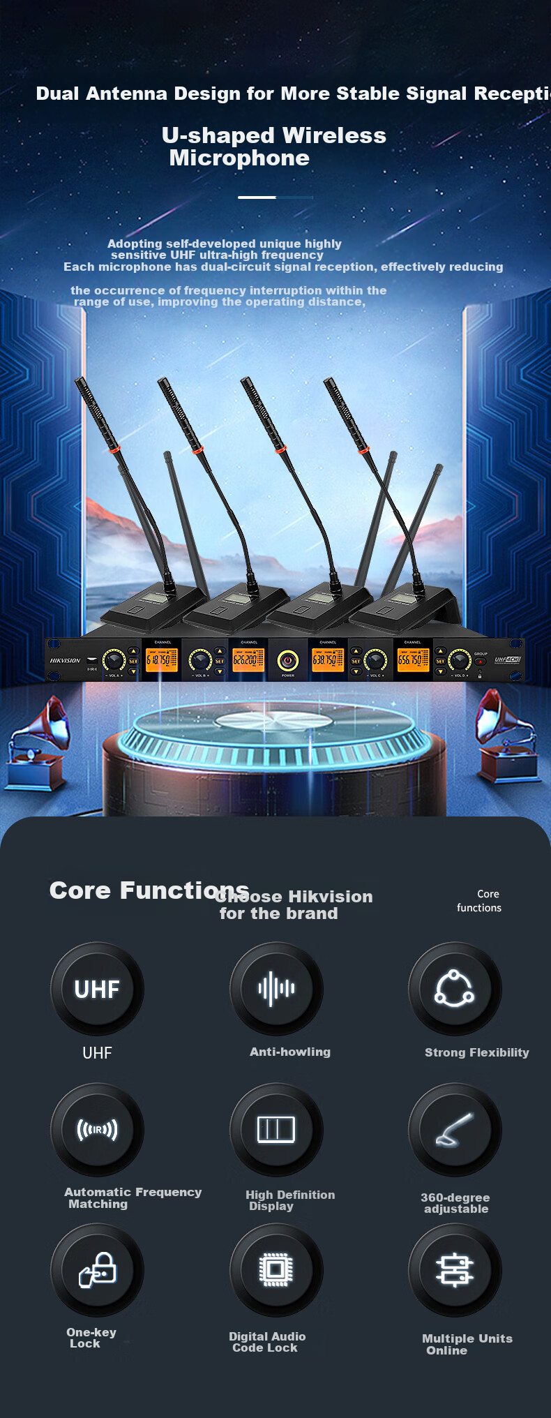 HIKVISION One-To Wireless Microphone, Desktop Long Pole Gooseneck Microphone, UHF High-Fidelity Anti-Interference Automatic Frequency Matching Anti-Loudness Conference Room Podium Speech Training Broadcasting 2