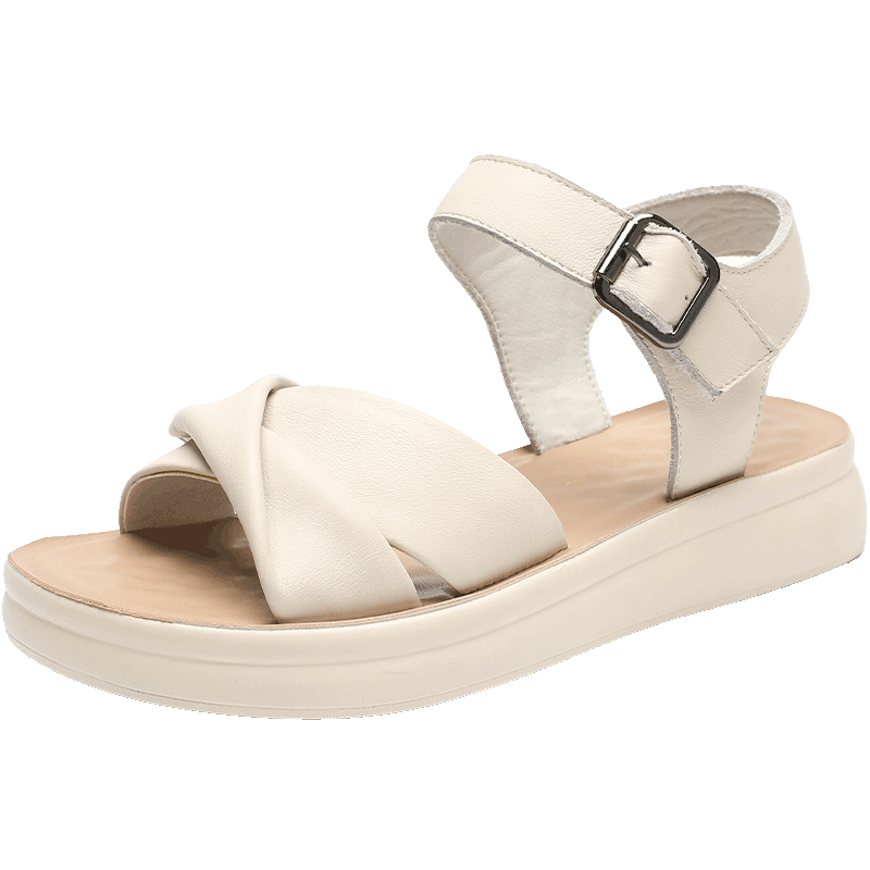 ZHR Zese First Layer Cowhide Thick Sole Sandals Women Summer Breathable Open Toe Comfortable Leather Soft Sole Single Strap Shoes EQ05 Beige Size 36