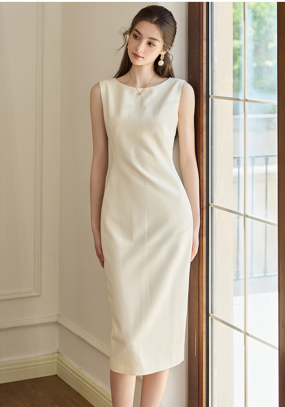 ROEYSHOUSE Elegant Sleeveless Dress for Women, Spring 2026 Collection, Sophisticated Waist-Cinching Mid-Length Dress 10986, Apricot Color, Size S 16