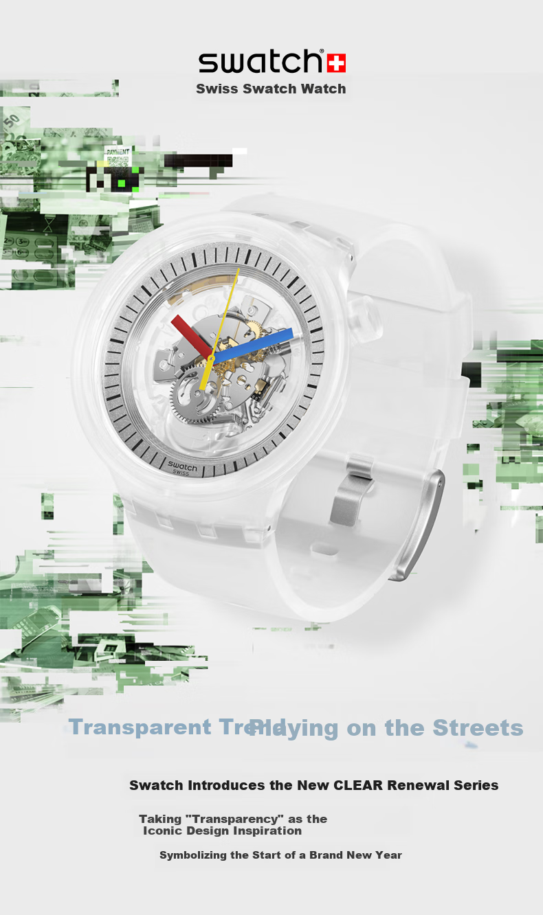 Swatch Swiss Watch, Skeleton Transparent Trendy Quartz Watch, Holiday Gift, Clear New Series New Gent 1