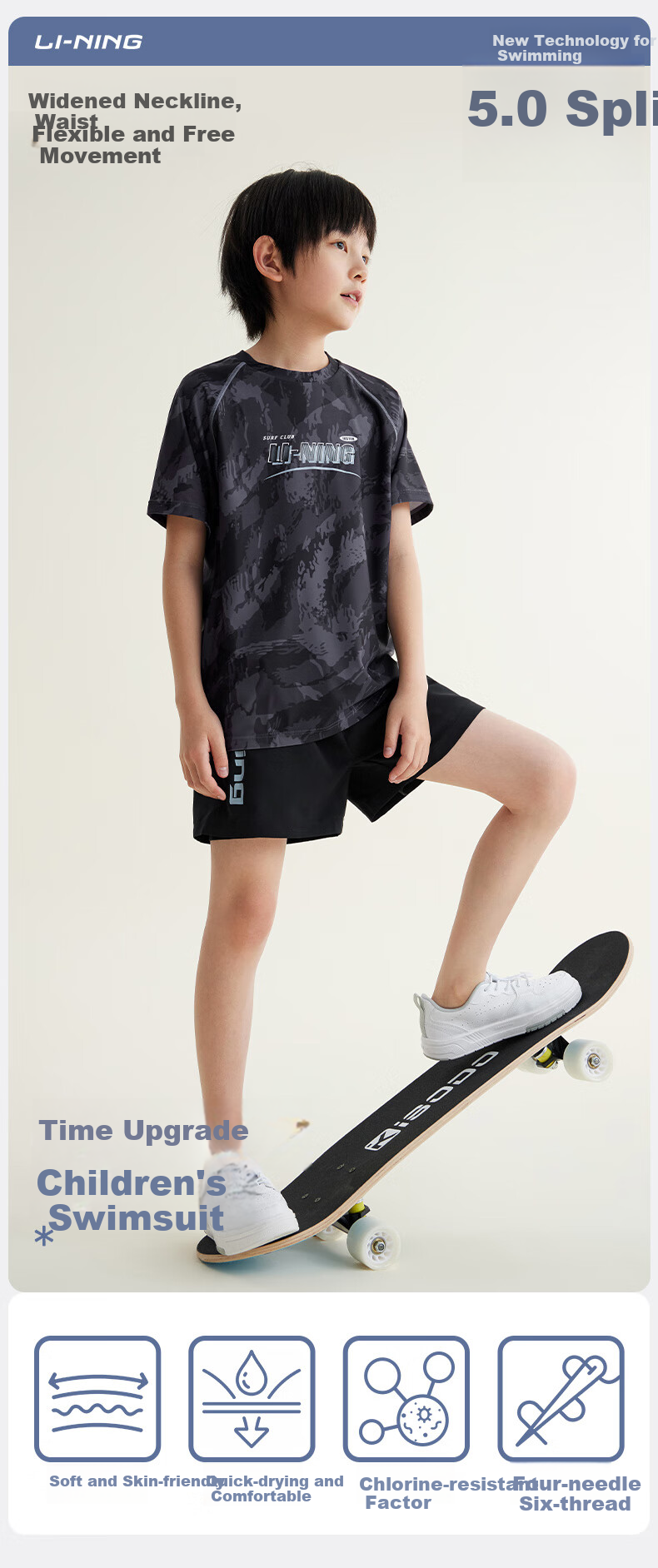 Li-Ning Children's Swimwear, Boys' Swimsuit for Older Kids, Youth Two-Piece Surfing Suit, Swimming Trunks, 8132 Black, Size 160 1