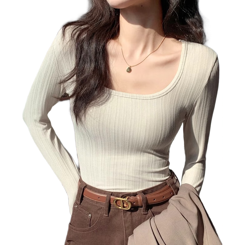 Yuzhaolin Women's Basic Long Sleeve T-Shirt Thin Large U-Neck Slim Fit Simple Versatile Top for Spring and Autumn