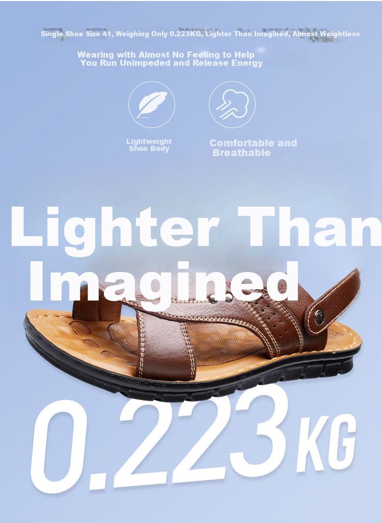 EGCHI Men's Sandals, Outdoor Slippers, Top-Grain Leather, Breathable Beach Shoes, 12129 Brown, Size 39 9