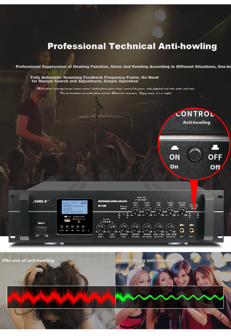 SHILE AV-106 Professional Conference Engineering Two-Zone Anti-Loudspeaker Amplifier, Power Amplifier with Fixed Impedance High-Power Music Output 12