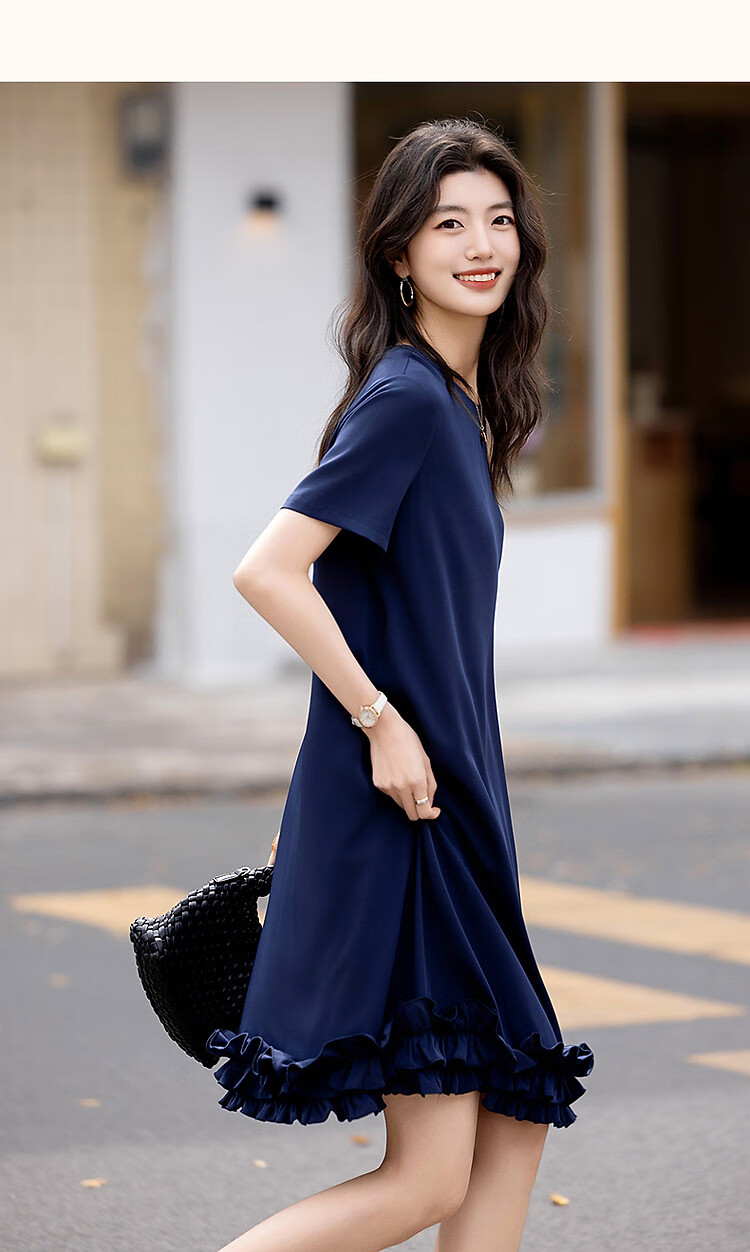 Dme [Tianren Gentle Styling] Summer Shiny 80D Linen Mushroom Edge A-Line Mid-Length Women's Dress 18
