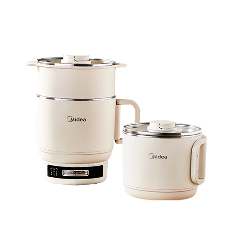 Midea Electric Cooking Pot, Small Electric Pot, Portable Folding Pot, Travel Business Home Use 304 Stainless Steel Noodle Pot, Non-Coated Electric Hot Pot, Multifunctional Pot XZE1625S with Steamer Basket
