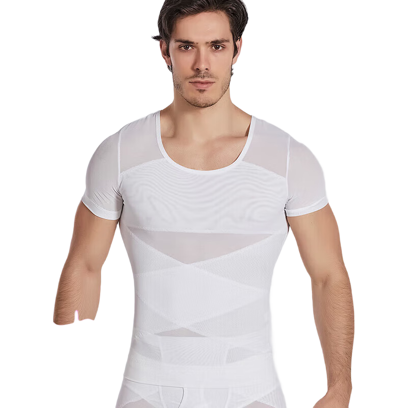 LangSha Men's Short Sleeve Shapewear Shirt, Tummy Control, Beer Belly Reduction, Thin Breathable, Tight-Fitting Men's Body Shaper, High Elasticity, Chest Compression, Shoulder Expansio