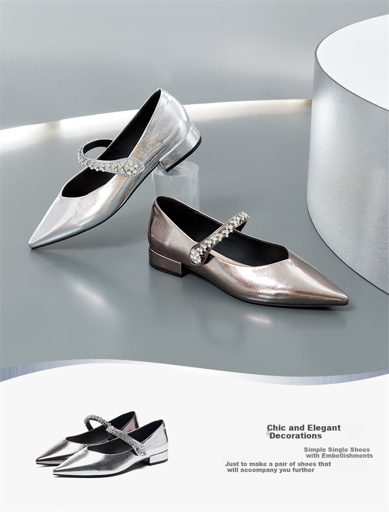 15MINS Pointed Toe Low-Cut Women's Pumps with Chunky Heel, Elegant Leather Shoes, French-Style Professional Work Shoes for Women, Silver, Size 35 11