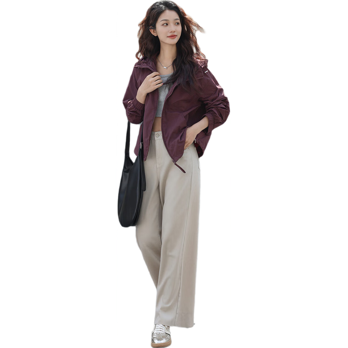 Dme [Elegant Wine Red Jacket] Spring And Autumn Hooded Double Zipper Split Design Long Sleeve Coat for Wome