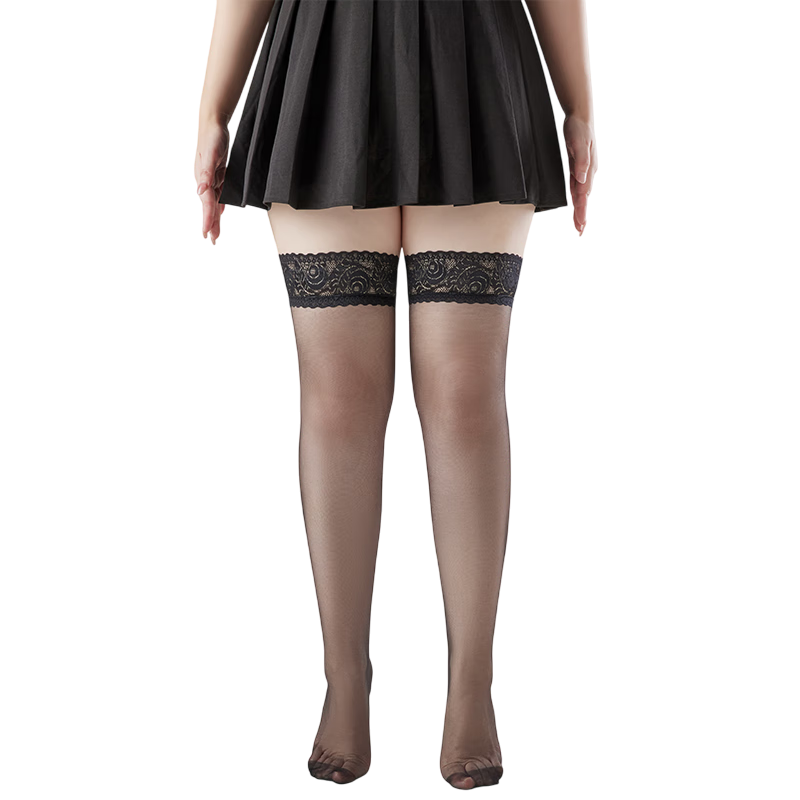 LangSha Spring Summer New Plus Size Thin Anti-Snag Over-the-Knee Lace Trim Stockings for Plus Size Women