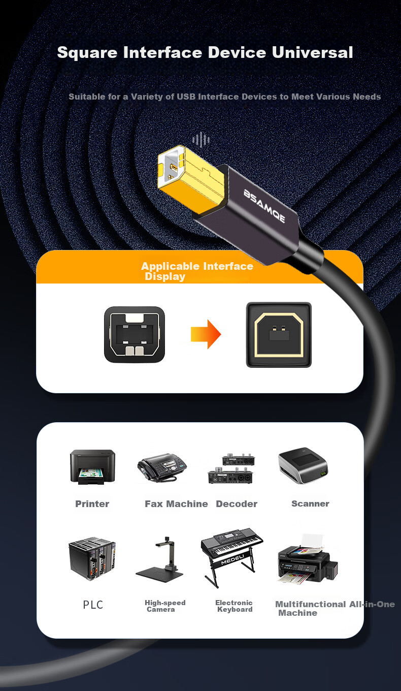 Beishanque High-Speed USB 2.0 Printer Cable with Chip Square Connector Power Cable Engineering Grade with Signal Amplifier for Canon Epson HP Connection Cable 10 Meters BSQ-BM07 3