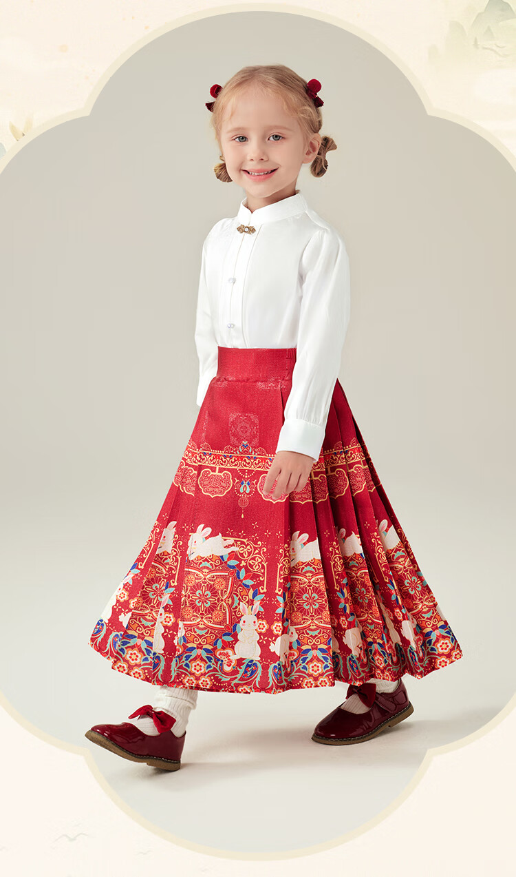 MQDMINI Girls' Hanfu Skirt, Children's Horse-Face Skirt, Girls' Skirt, Half Skirt, Single Piece, Auspicious And Wishing 1