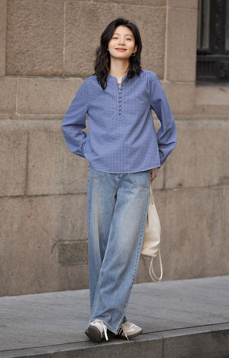 Dme [Salt-Style Youthful Plaid] Spring Small Stand-Collar Cloud-Feel Cotton Shirt with Small Pleats And Elastic Band, Women's Blouse Top 7