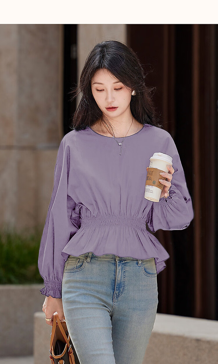 Dme [Will Breathe Cotton] Spring And Autumn French-Style Relaxed Round Neck Smock Waist-Cinching Drop Shoulder Slimming Shirt Women's Top 27