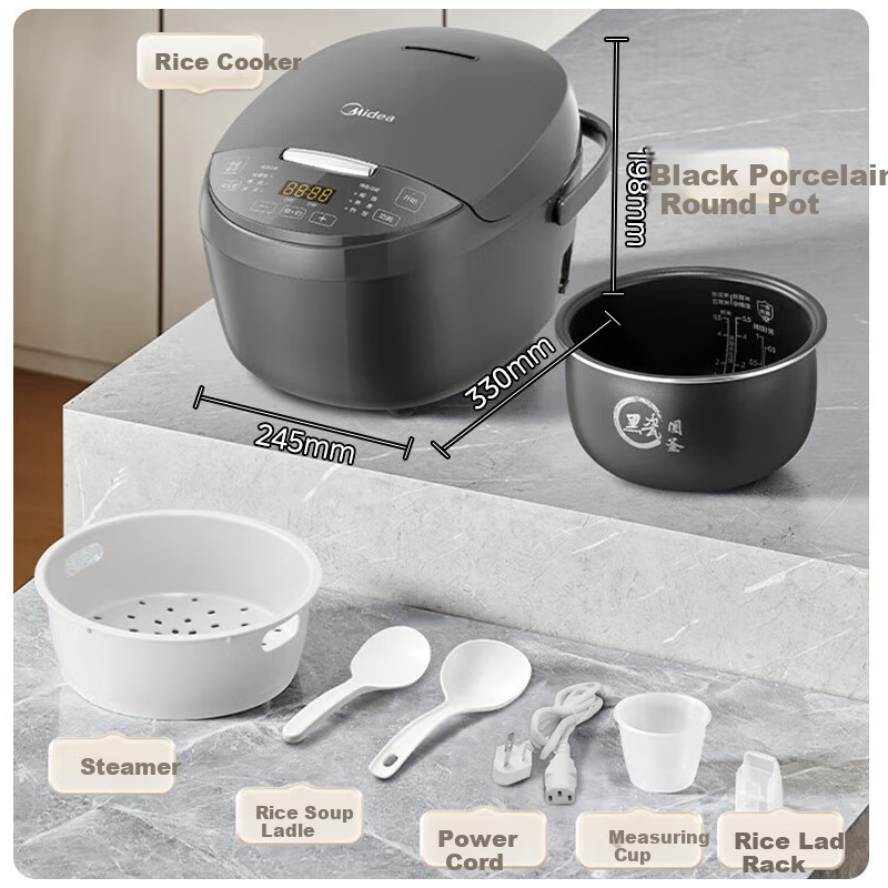 Midea Rice Cooker, 22-Minute Quick Cooking, Home Use, 5L Large Capacity for 5-6 People, Colorful Large Screen, Metal Body, High Power, Smart Reservation, Micro-Pressure RC520 15