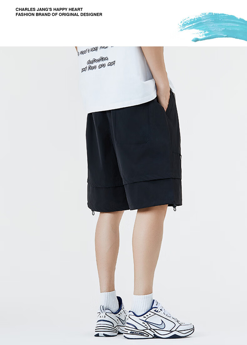 Chaersitaoxin Men's Shorts, Summer Heart Embroidery Straight-Leg Drawstring Loose Casual Cargo Five-Point Pants, Black, L 4