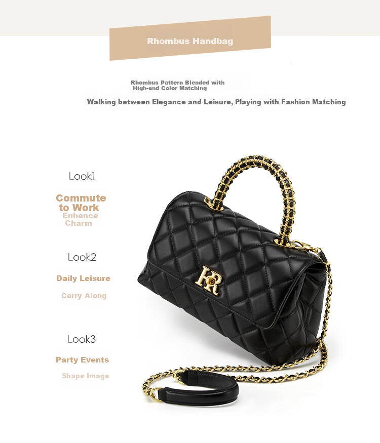 HR Women's Handbag, Top-Grain Leather Shoulder Crossbody Bag, Fashionable Diamond Pattern Tote Bag, Birthday Gift for Wome 8