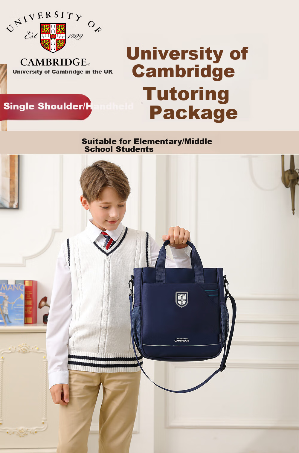 UNIVERSITY OF CAMBRIDGE Cambridge University Tutoring Bag Elementary School Student Crossbody Bag Handbag Girls Children's Art Bag Multifunctional After-School Tutoring Backpack 1