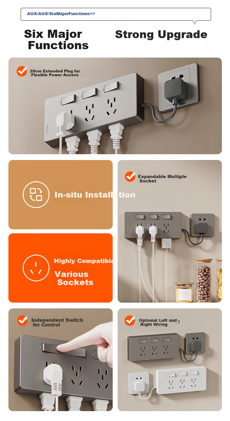 Aokesi Extension Socket with Power Cord, Multifunctional Bedroom Wall Extension Converter Socket, Kitchen Power Strip, Gray 2