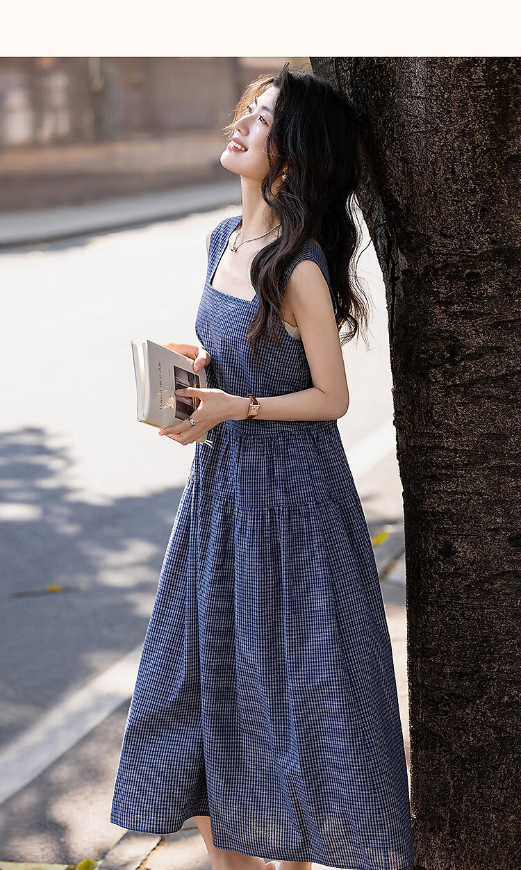 Dme [Japanese-Style Light-Colored Outfit] Summer Cloud Cotton Square Neck Plaid Spaghetti Strap Sleeveless A-Line Patchwork Long Dress for Wome 10